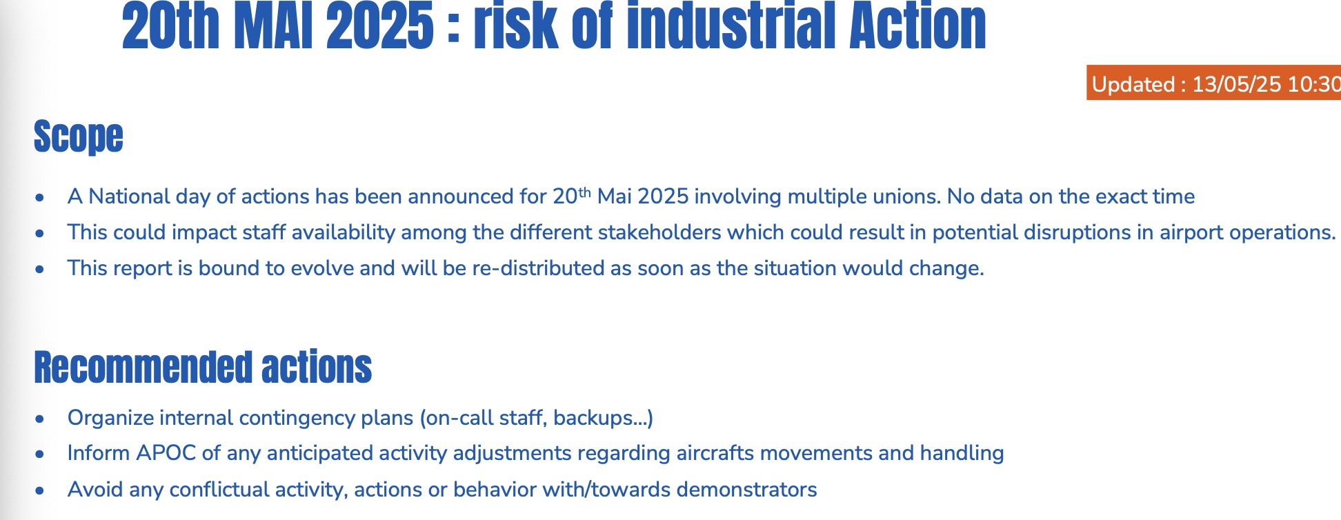 RISK OF INDUSTRIAL ACTION